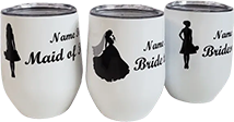 A bride and groom wine glasses with their names on them.