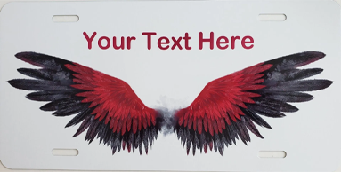 A red and black angel wings with text