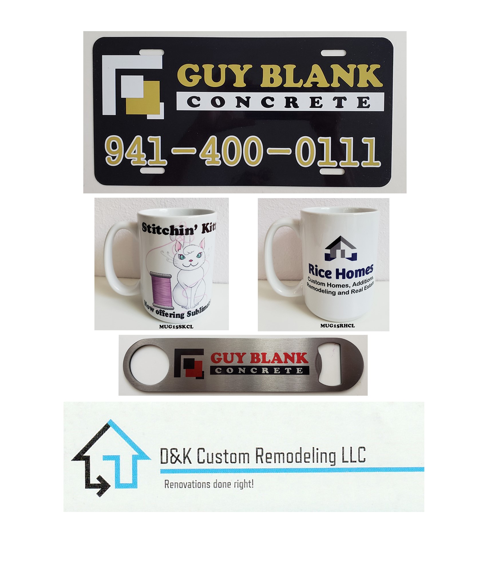 A collage of different types of business cards and mugs.