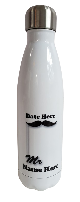 A bottle with the words date here and mustache on it.