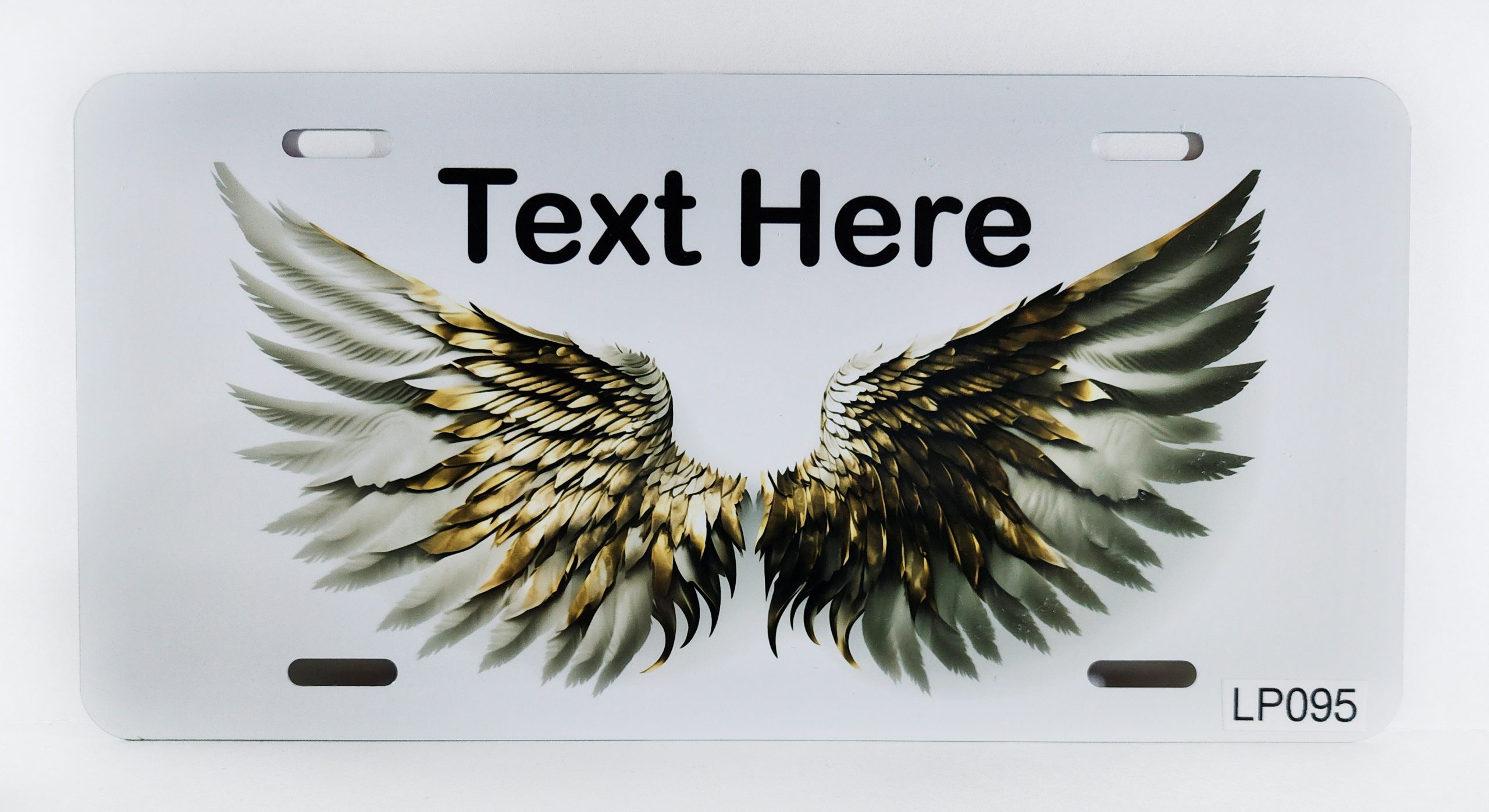 A white plate with two wings and the words " text here ".