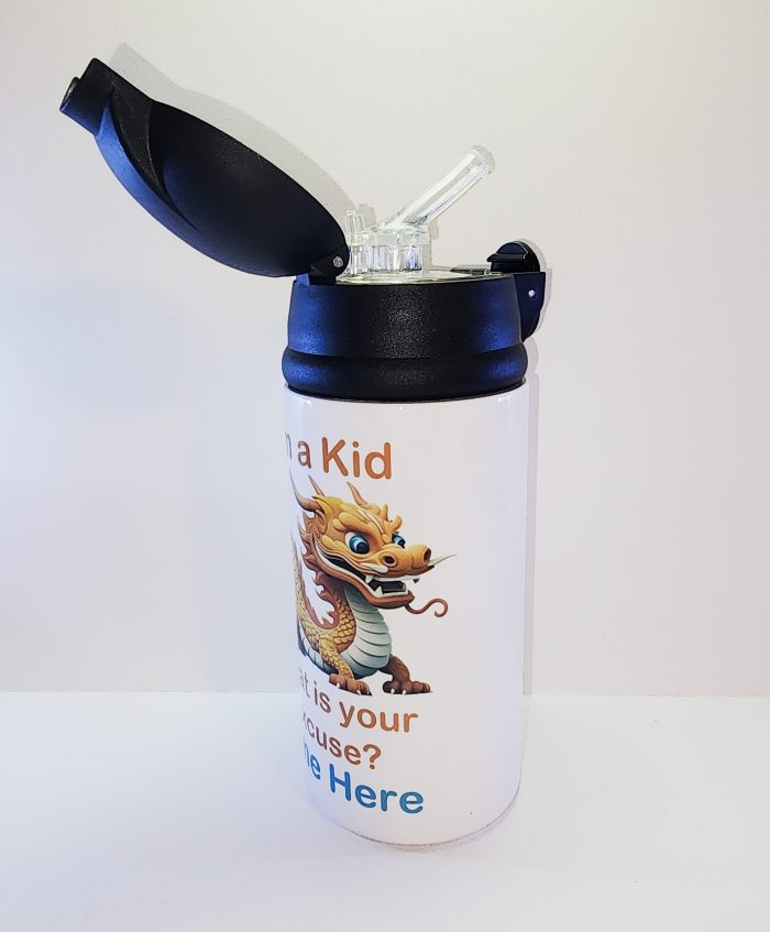 A water bottle with a dragon on it