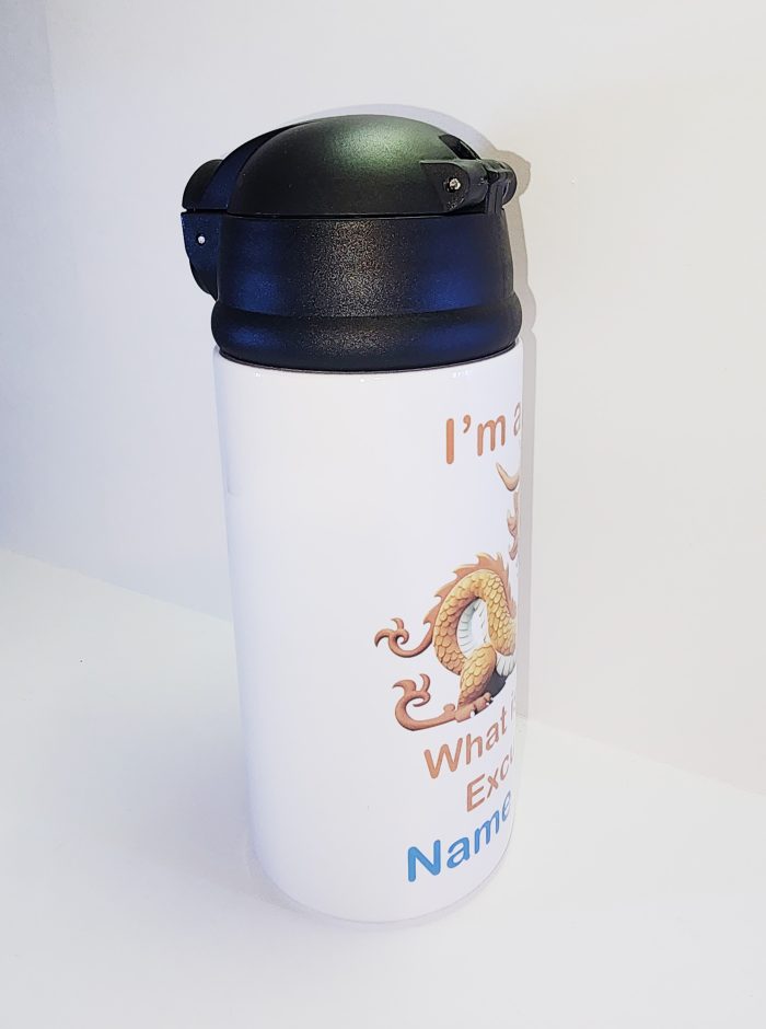 A white water bottle with a black lid.