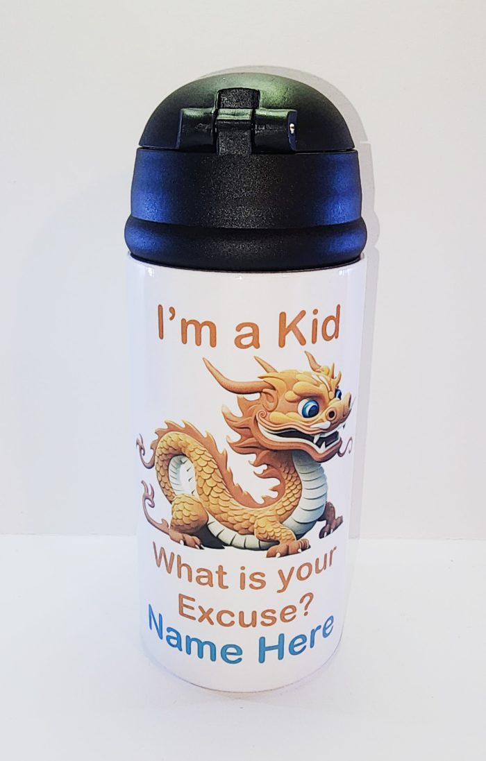 A water bottle with an image of a dragon on it.