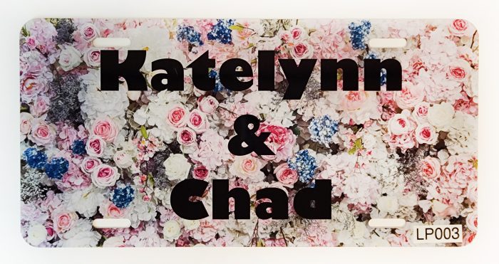 A close up of the name katelyn and chad on a license plate