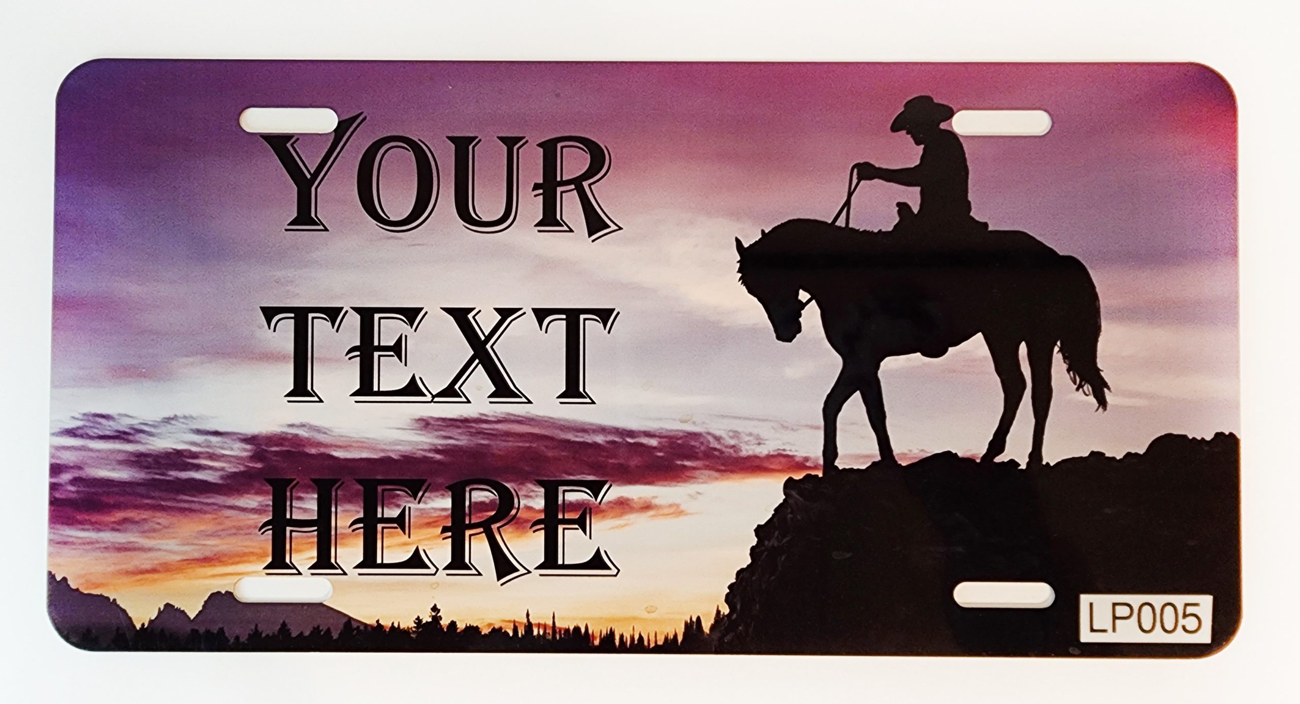 A cowboy on horseback at sunset with custom text.