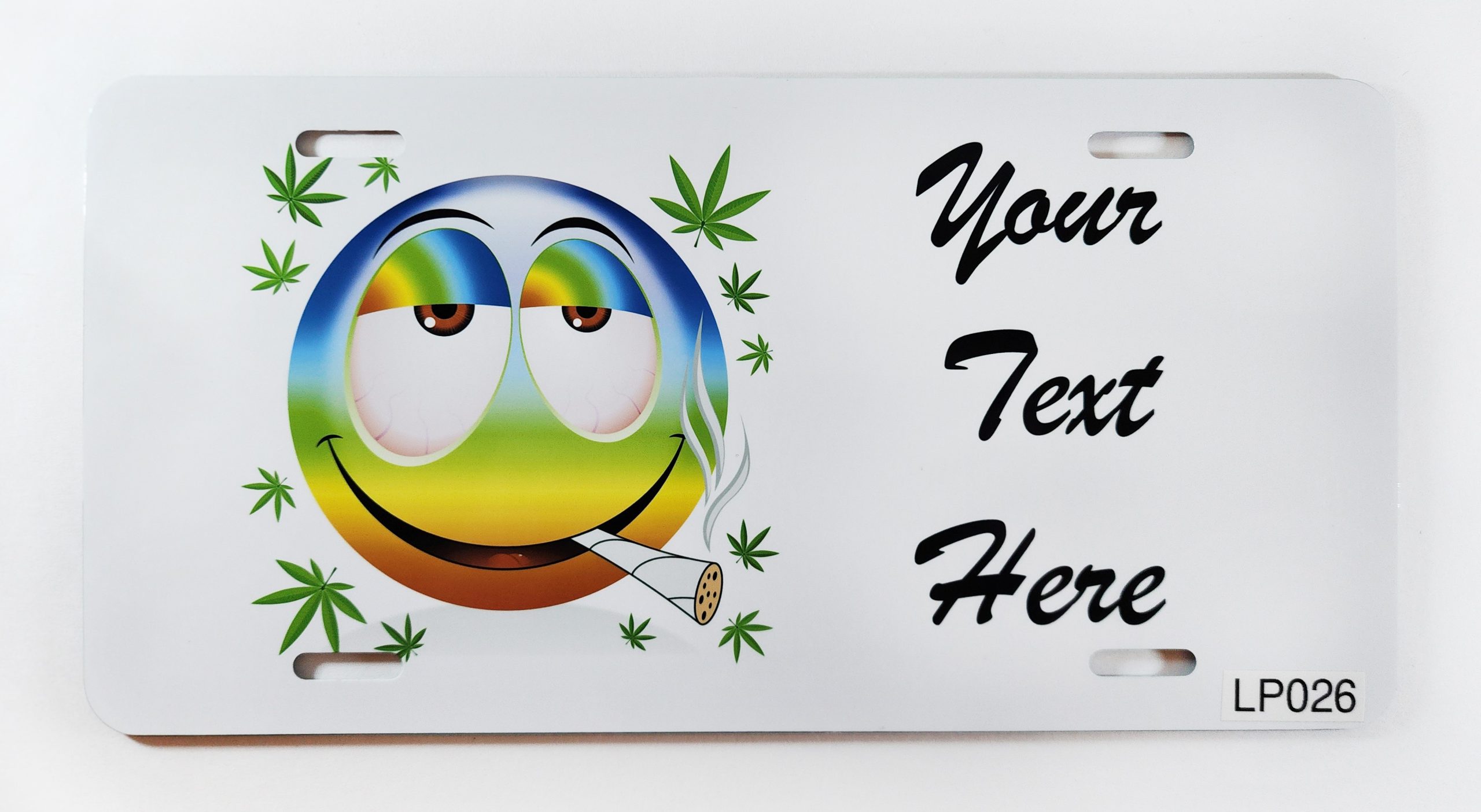 A white license plate with a marijuana smiley face and smoking cigarette.