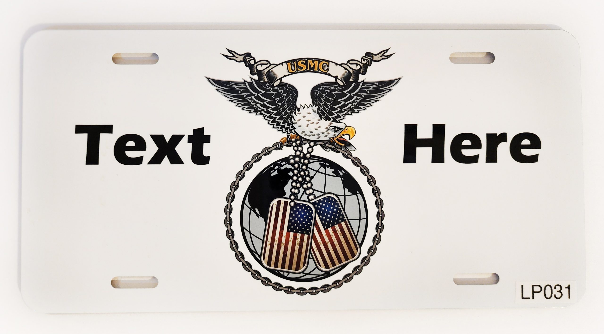 A white plate with the words " next hero " and eagle holding two flags.