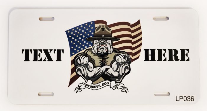 A white plate with an image of a bulldog and the words " next hero."