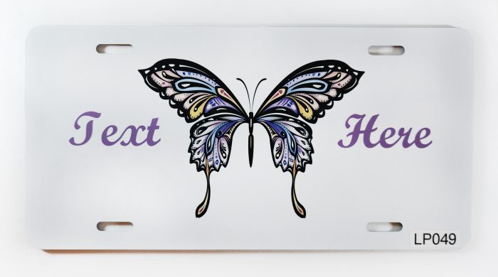 A white license plate with a butterfly on it.