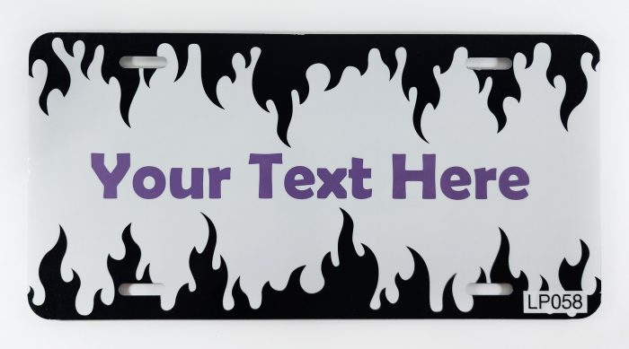 A black and white flame license plate with purple text.