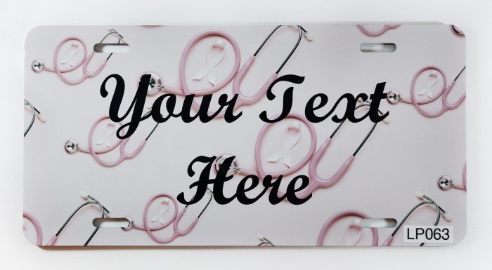 A white plate with pink stethoscopes and the words " your text here ".