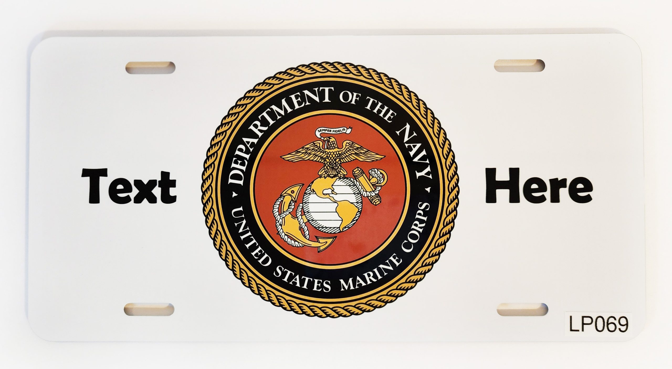 A white license plate with the seal of the united states marine corps.