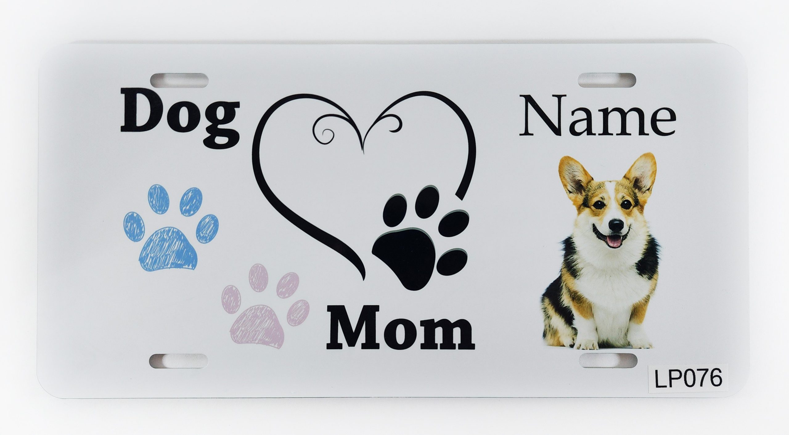 A white license plate with dog and cat prints.