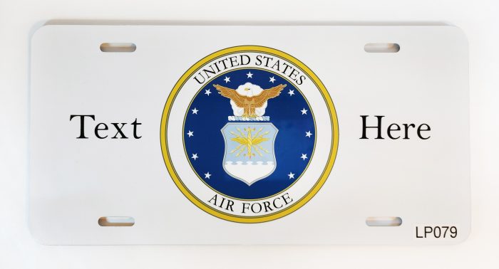 A white license plate with the air force logo.