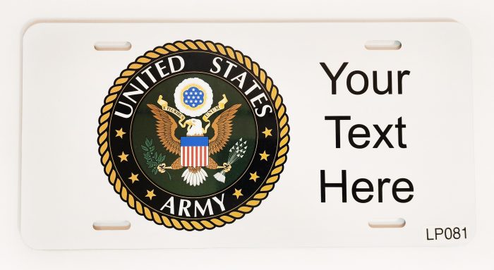 A white license plate with the seal of the united states army.