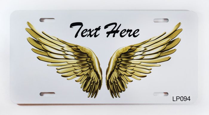 A white plate with gold wings and the words " text here ".