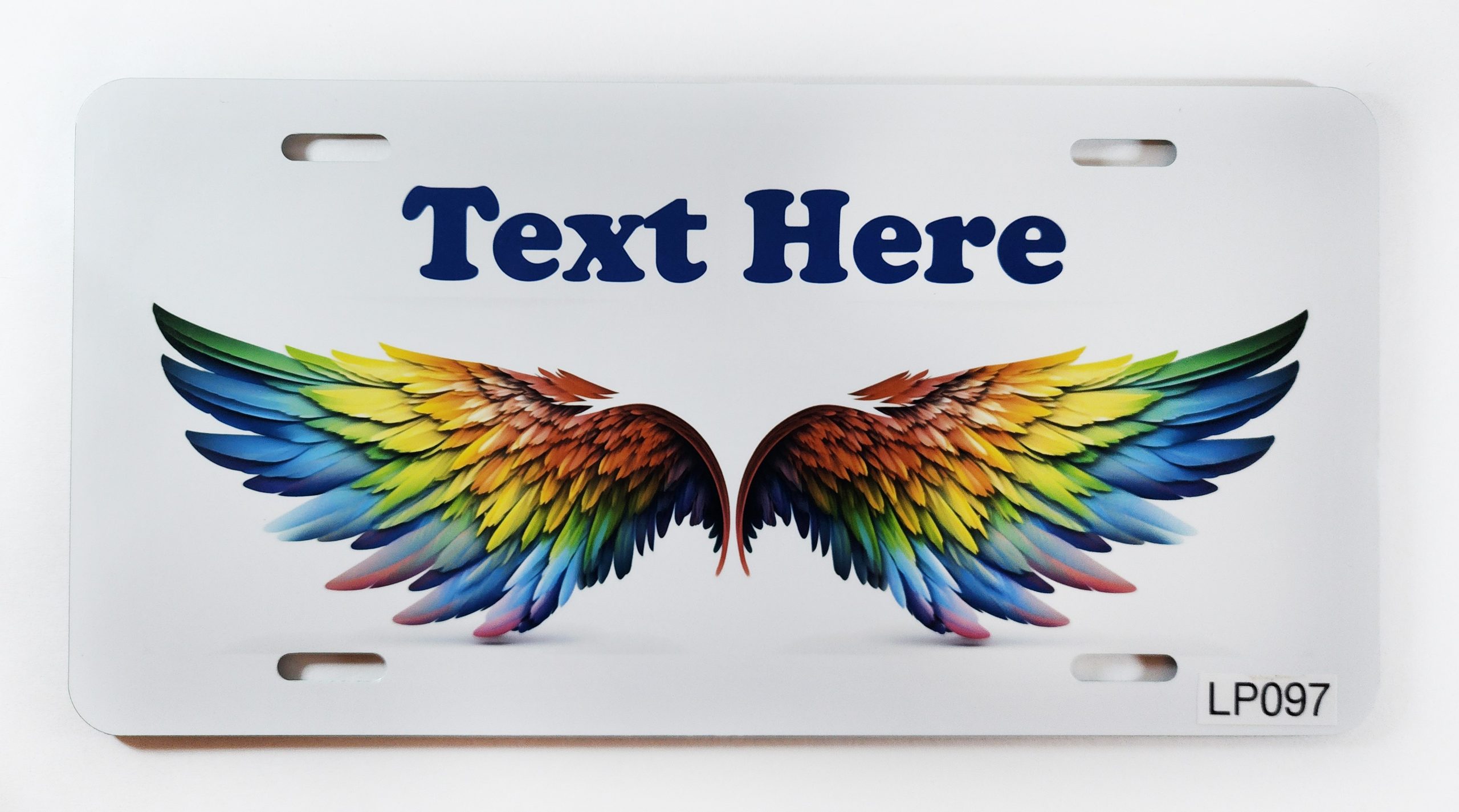 A colorful wings on the back of a license plate.