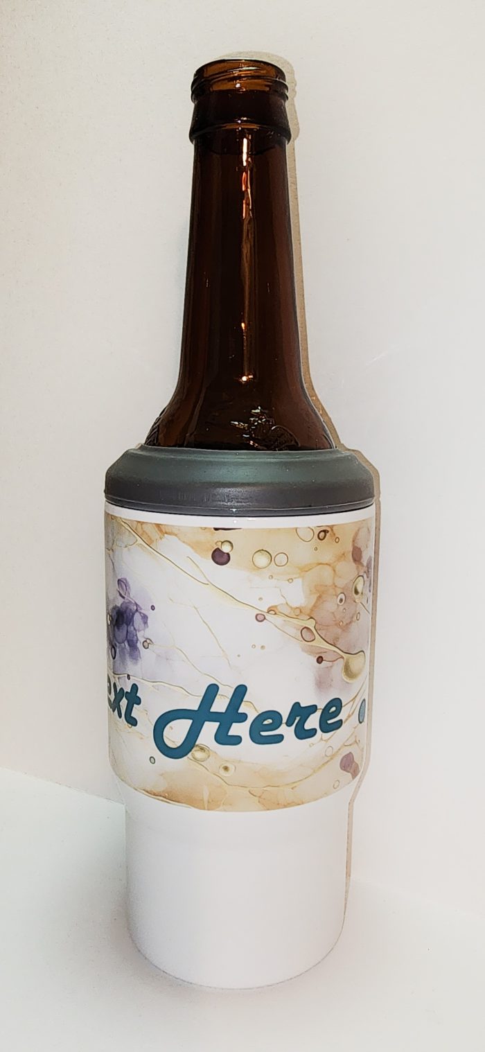 A bottle of beer with the words " get here " written on it.