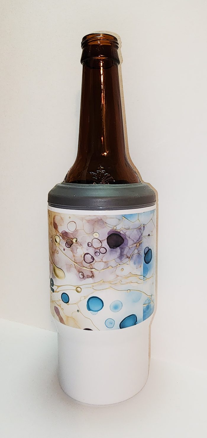 A beer bottle with a painting on it.