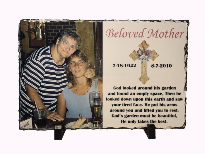 A photo of two people and the words " beloved mother ".