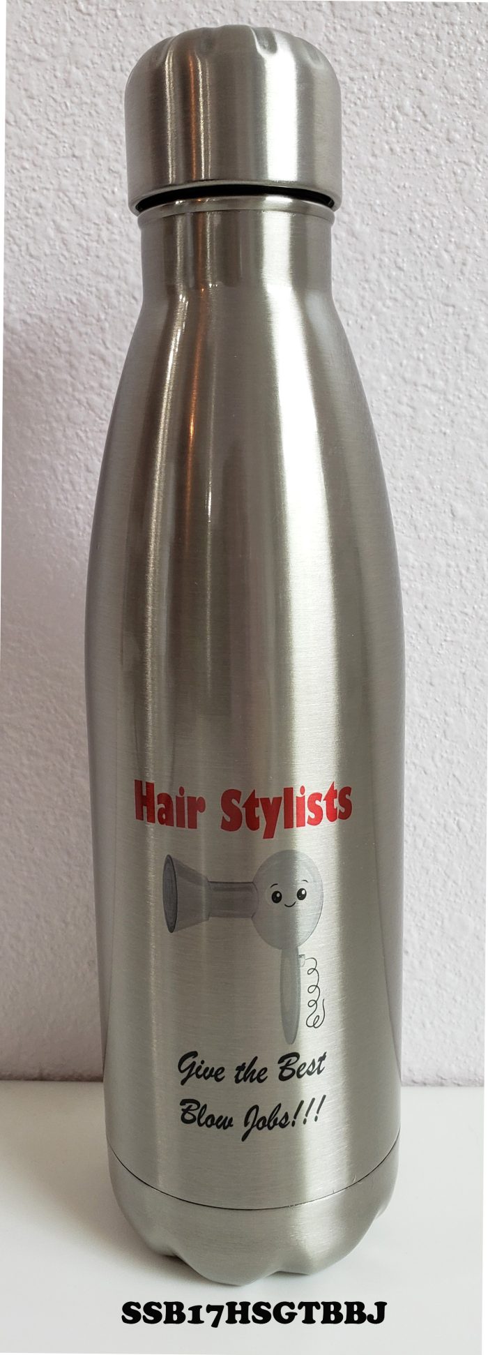 A silver bottle with hair stylists written on it.