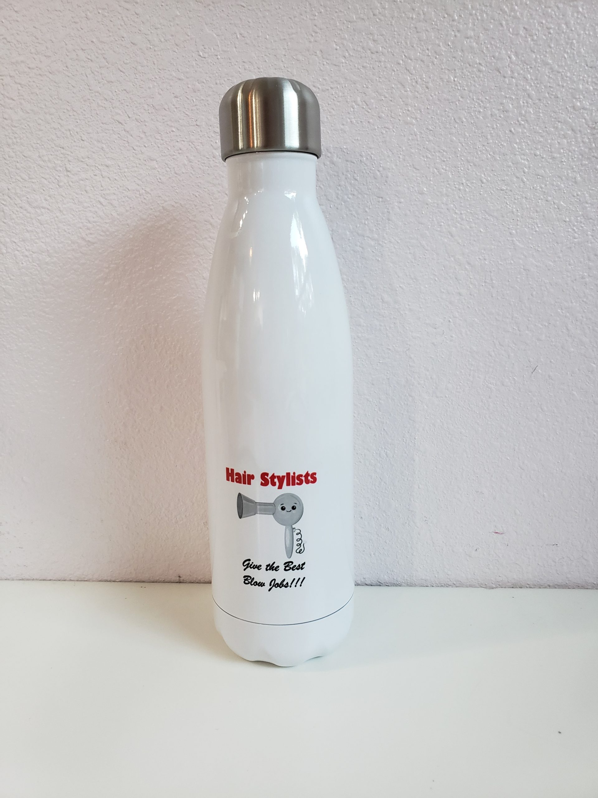 A white bottle with a hair dryer on it