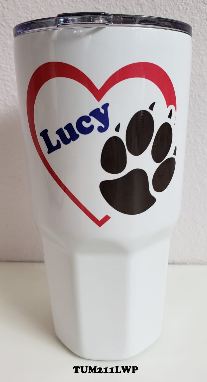 A cup with a paw print and name on it.