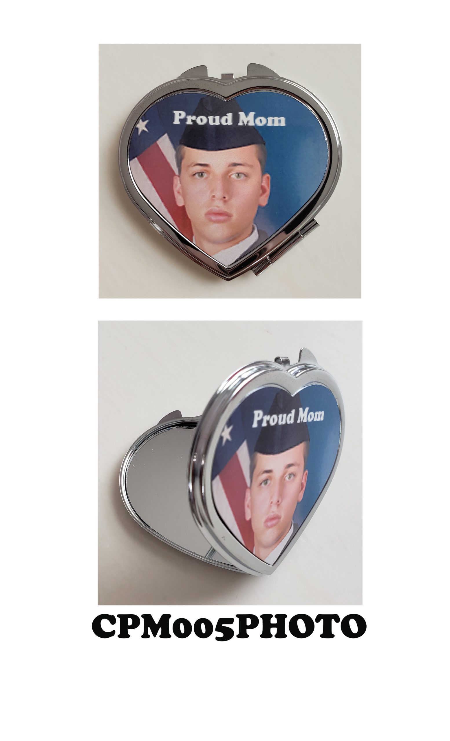 A heart shaped mirror with the image of a man wearing a hat.