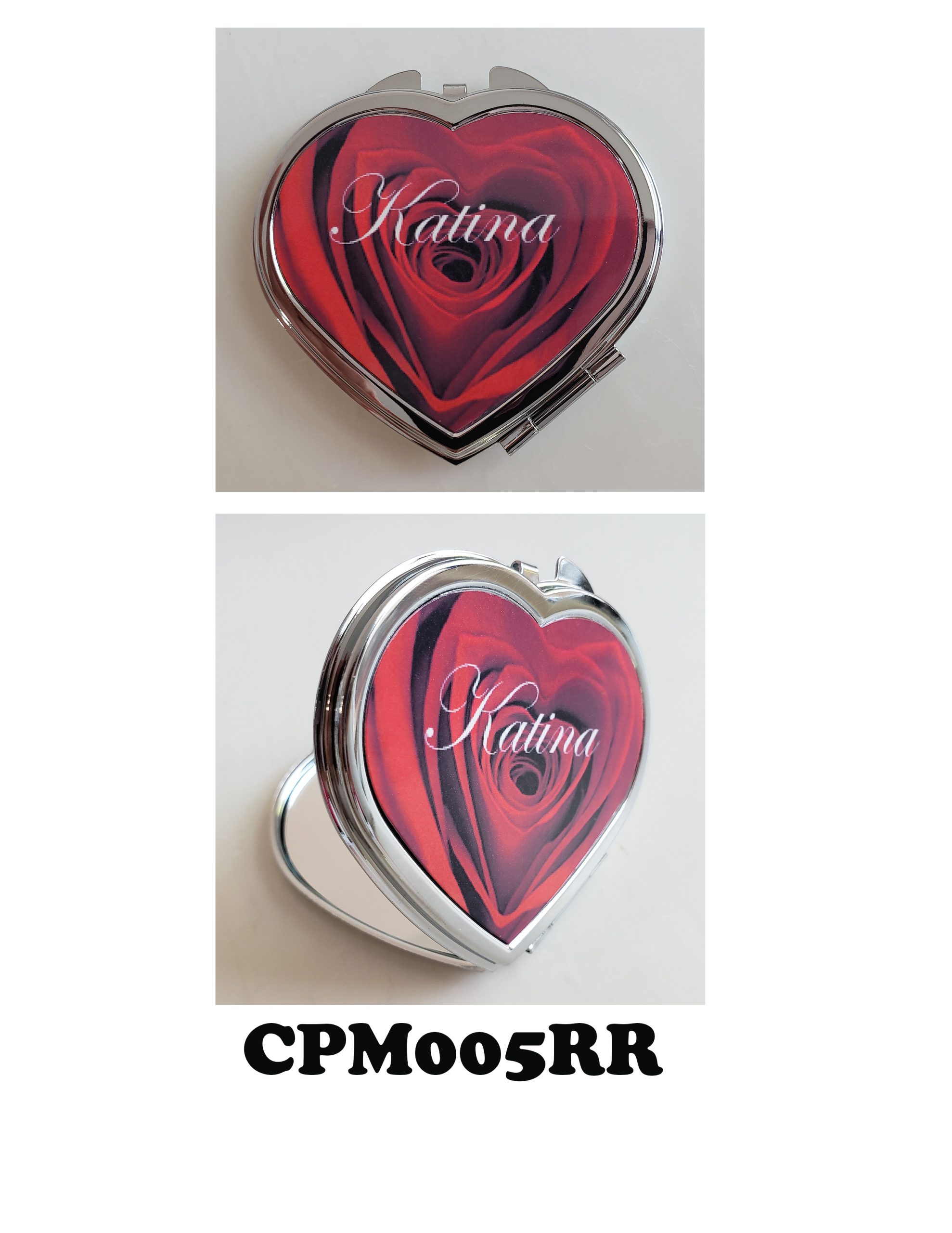 A red heart shaped mirror with the name kaitlin on it.