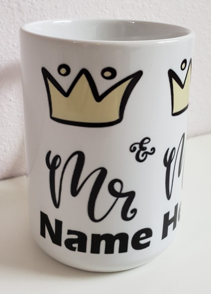 A mug with the name of mr and mrs written on it.