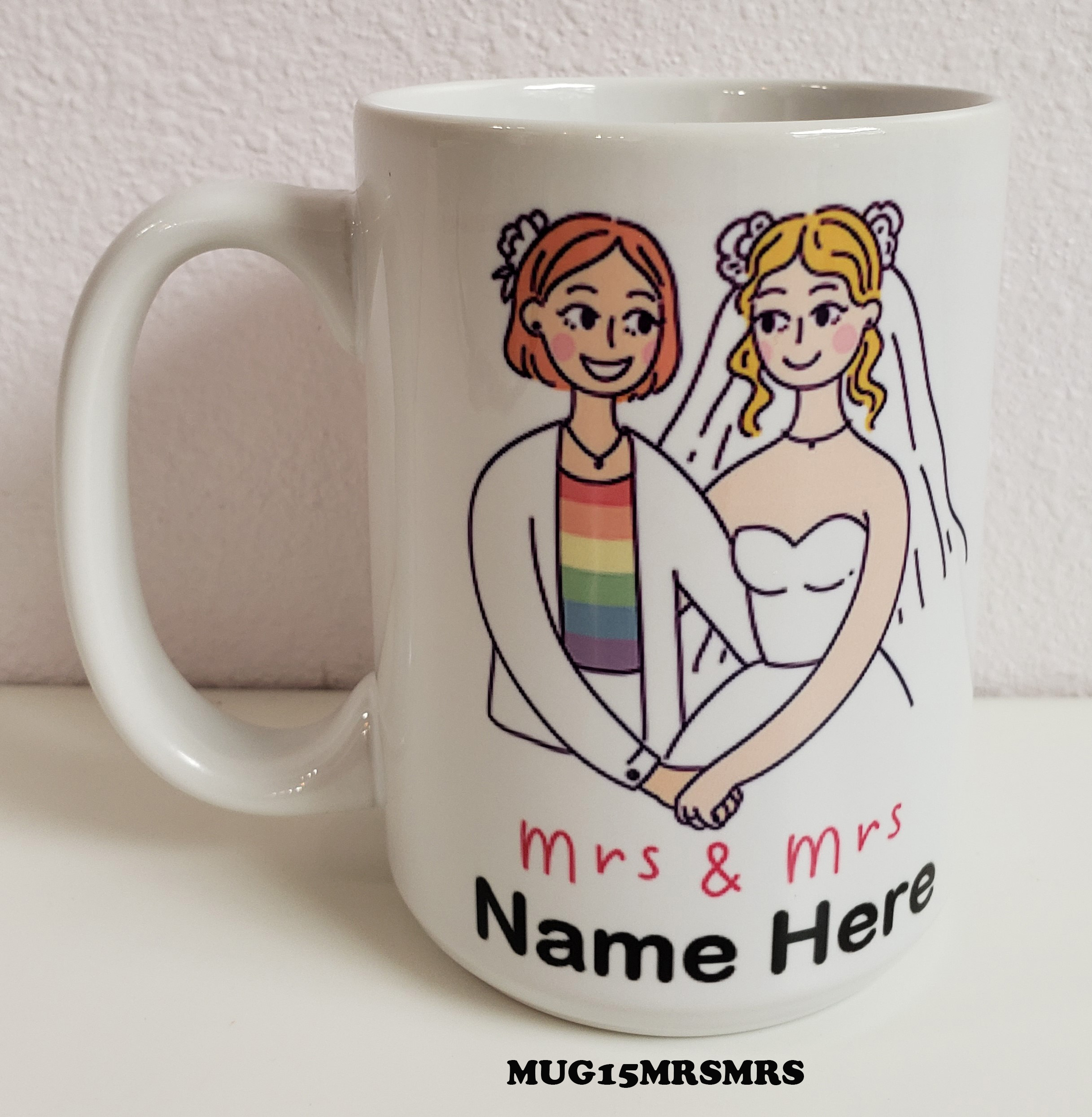 A mug with two women in wedding attire and the words " mrs & mr."