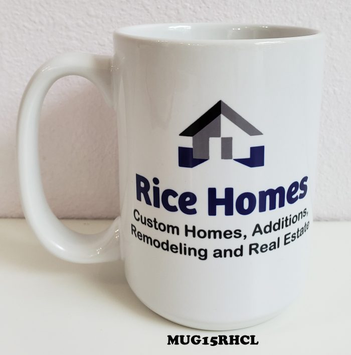 A white coffee mug with rice homes logo.