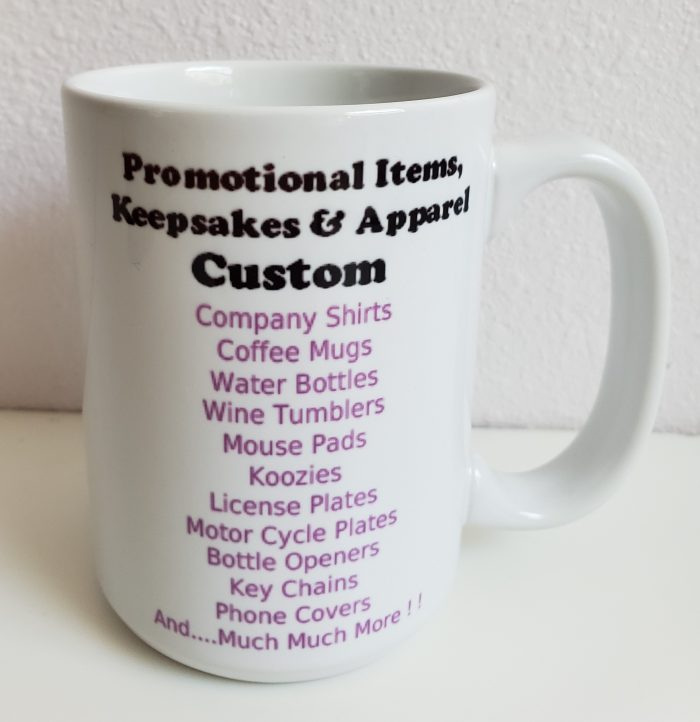 A coffee mug with many different items on it.