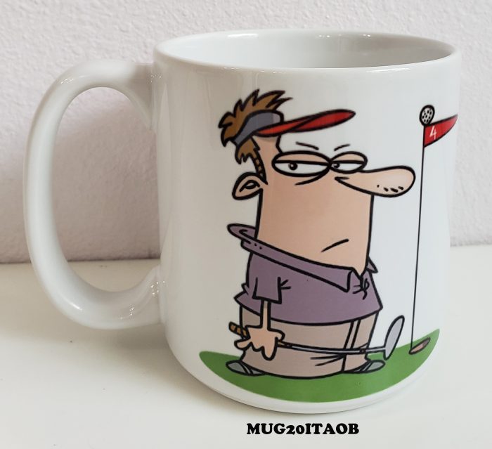 A mug with a cartoon of a man holding onto a flag