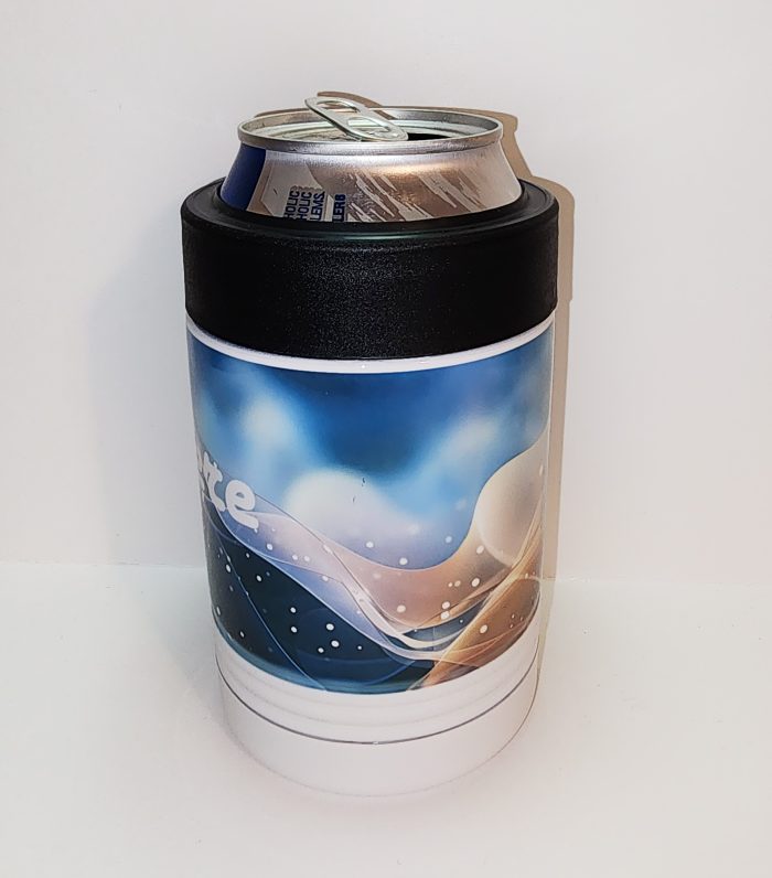 A can holder with a picture of a guitar on it.