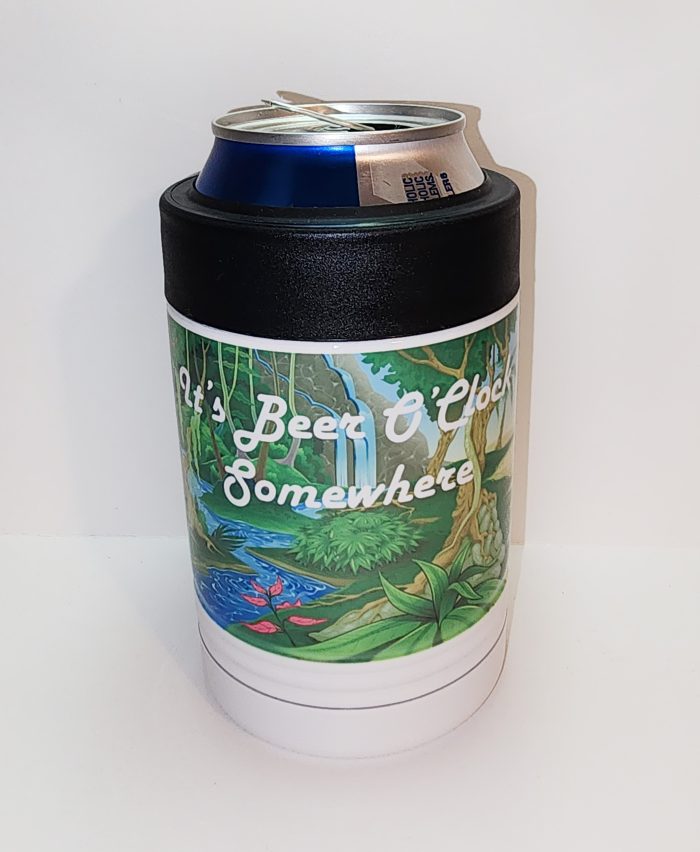 A can cooler with a picture of a waterfall.