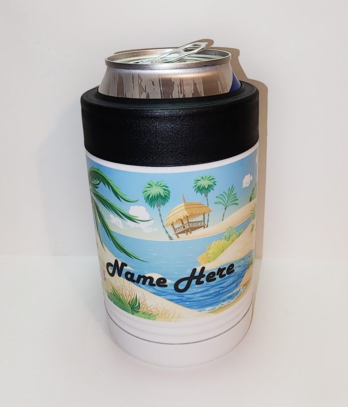 A can cooler with a picture of the beach.