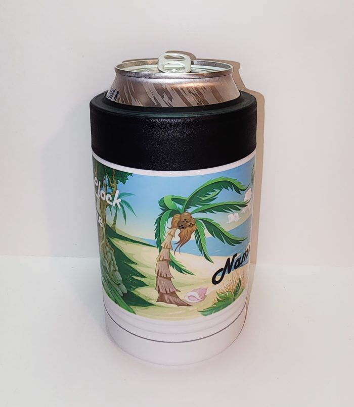 A can cooler with a picture of the beach.