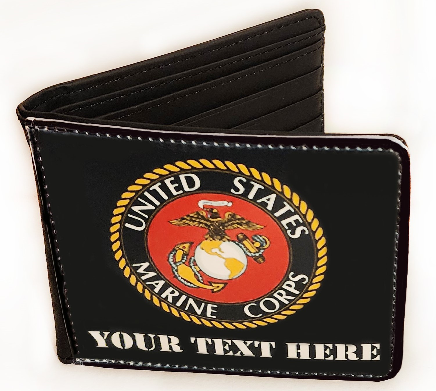 A marine corps wallet with the seal of the united states.