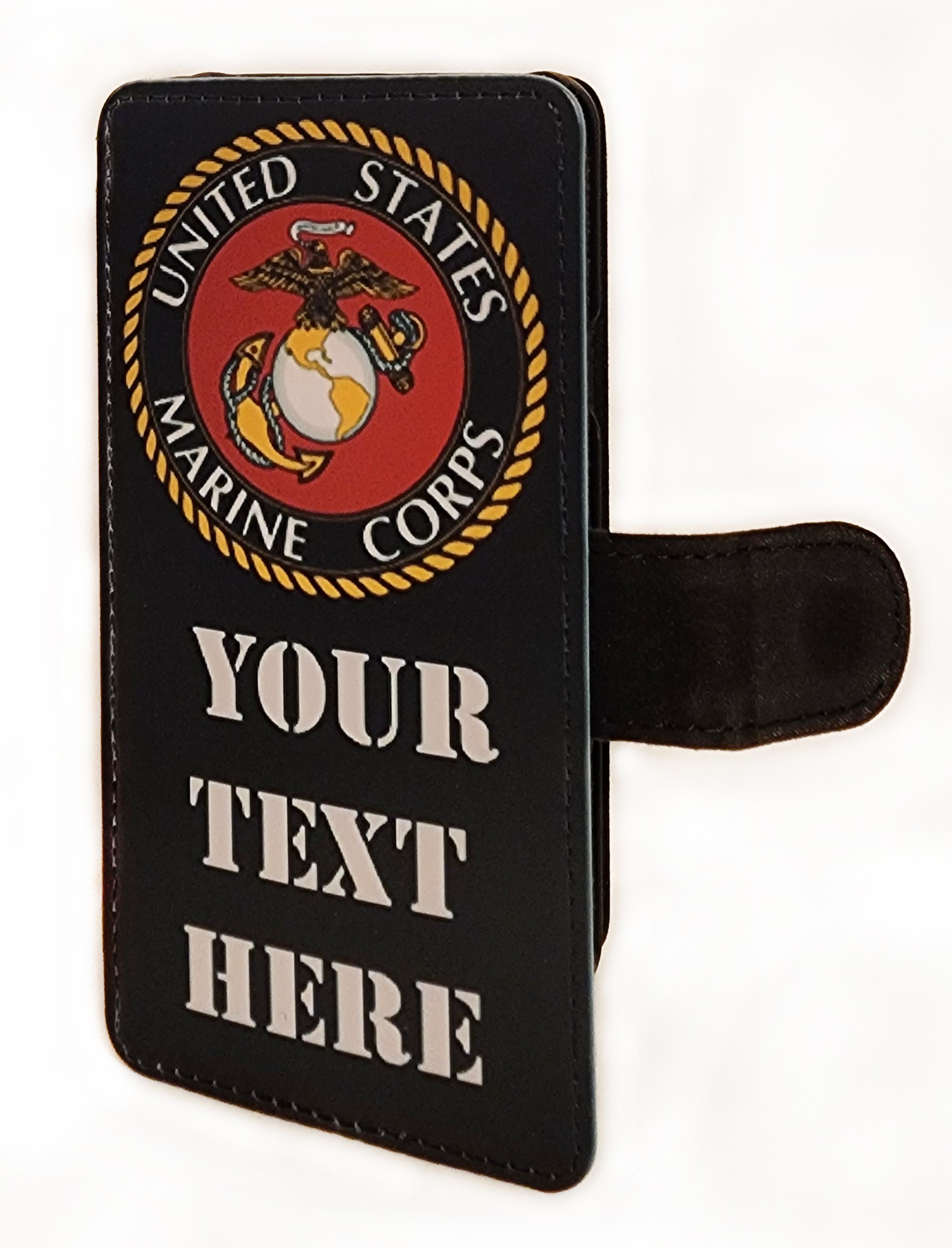 A cell phone case that is black and has the seal of the united states marine corps on it.