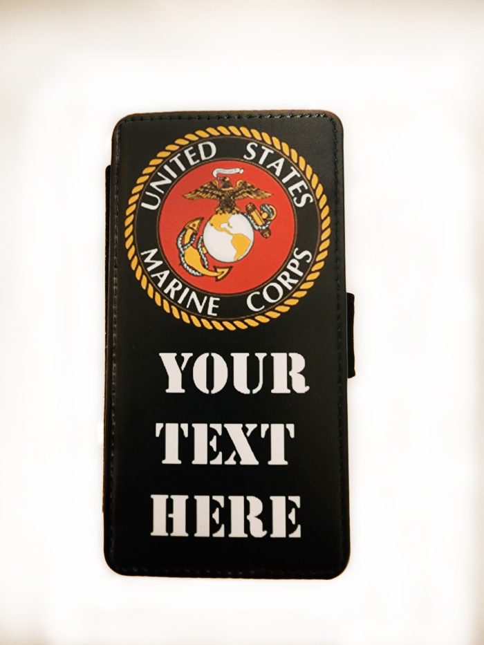 A phone case that is black with the image of a marine.