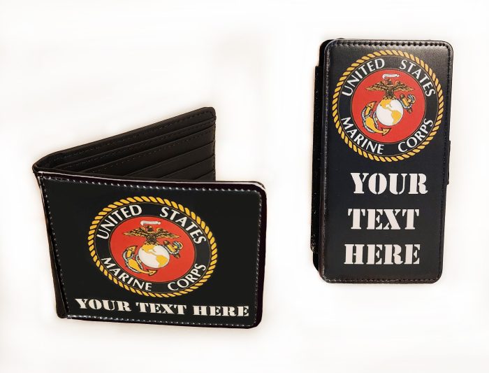 A marine corps wallet with the seal of the united states.