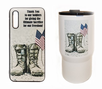 A phone case and cup with the words " thank you to our soldiers for giving the ultimate sacrifice for our freedom ".