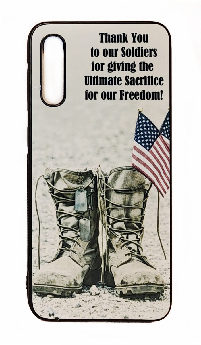 A phone case with military boots and an american flag.