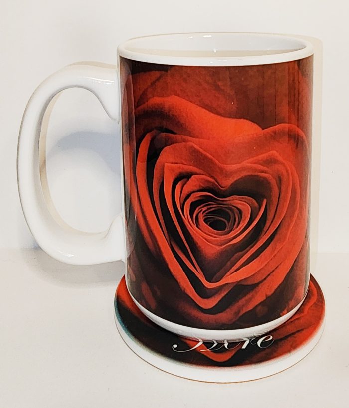 A mug with a picture of a heart on it.