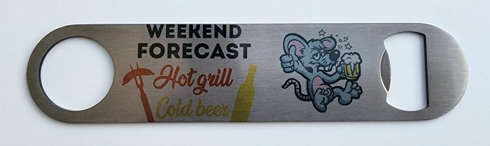 A metal sign with a mouse and beer on it.