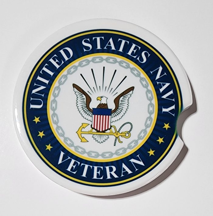 A white coaster with the seal of the united states navy veteran.