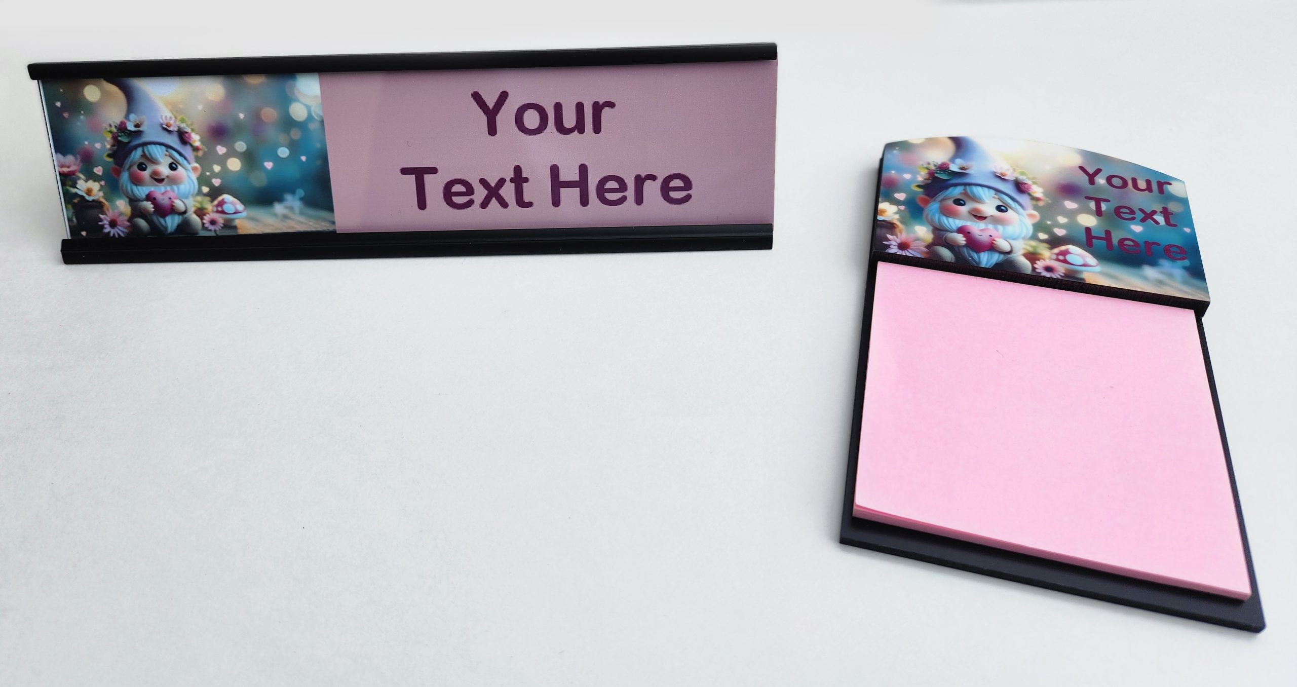 A picture of someone 's desk with their name on it.