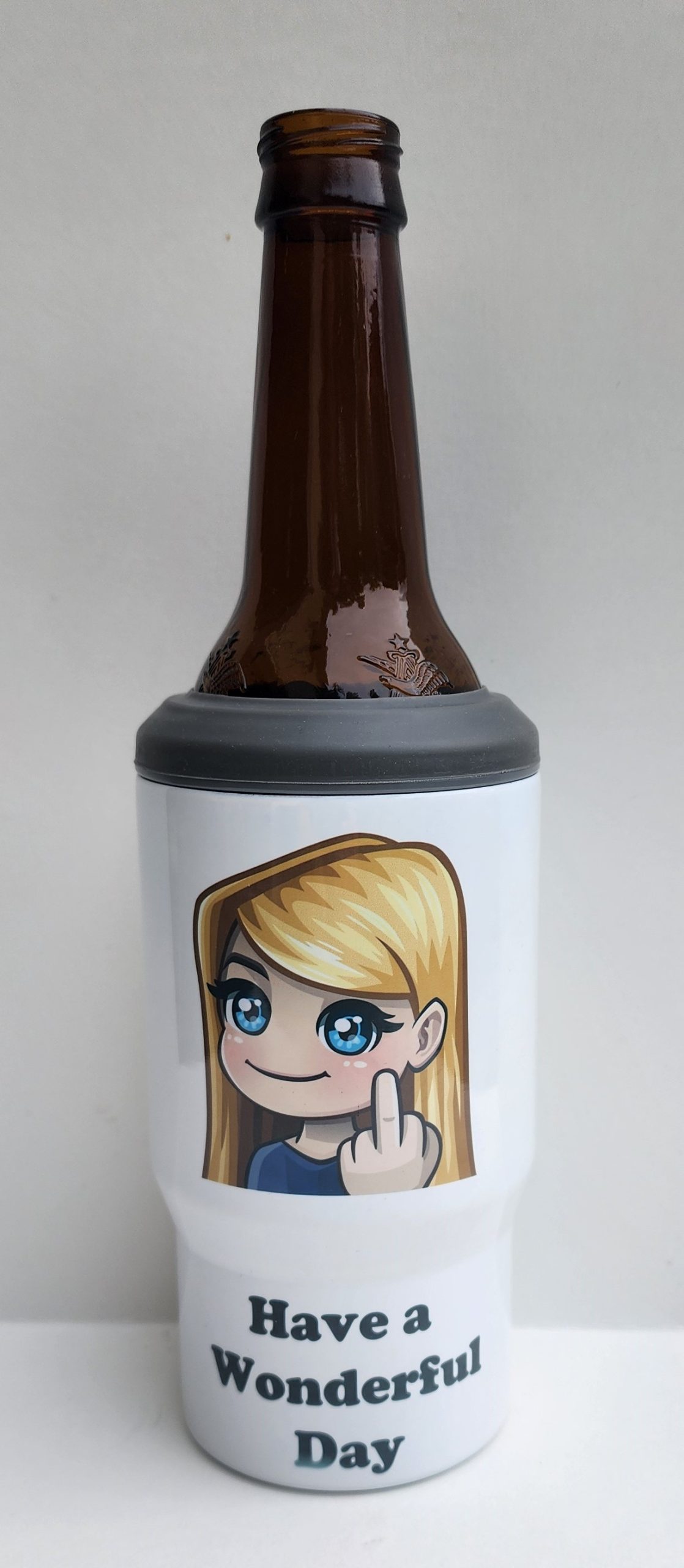 A bottle of beer with a cartoon girl on it.